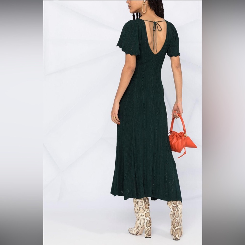 Sandro “Marly” Midi Dress in Dark Green Pointelle Knit, 34/S